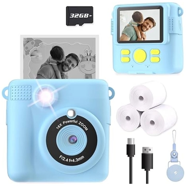 Camera instant pentru copii, cadou de Craciun si zi de nastere pentru copii cu varsta intre 3 si 12 ani, camera digitala de selfie cu video 1080P, jucarie portabila de calatorie pentru baieti si fete de 4-9 ani, Rasekon, albastru