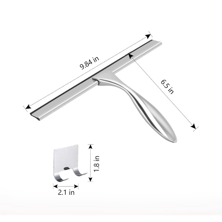 Stergator multifunctional pentru geamuri, Racleta Dus din otel inoxidabil profesionala, versatila, cu 1 carlige aderente, 25 cm, Argintiu, 25.5x18cm, Material din otel inoxidabil