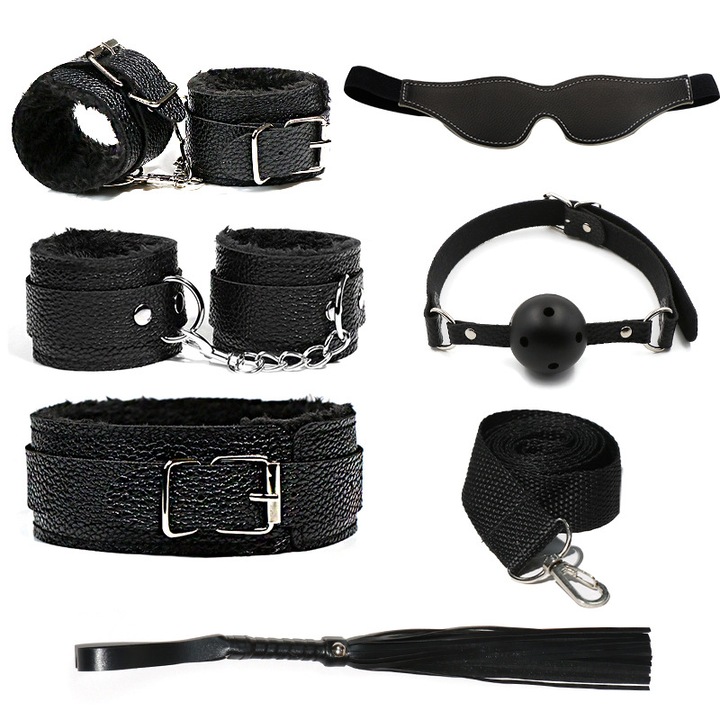 Set 7 piese BDSM, catuse, masca ochi, bici, zgarda, piele ecologica, Negru