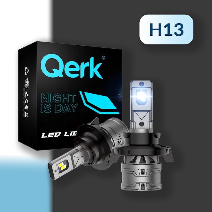 Set 2 Becuri Led Auto H13, Qerk, P26.4T, 120 W, 6000 K, 13000 Lm, 12 V, 60000 H, Faruri De Drum, Faruri De Intalnire, Faruri Anti-Ceata