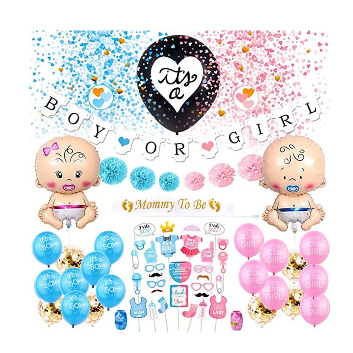 Set 79 de accesorii pentru Gender Reveal cu 39 de Baloane, Bebelusi, EvrikaUnity®, Petrecere dezvaluire de gen copil, Latex, 30 photo props, Multicolor