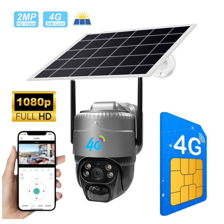 Camera Supraveghere, cu panou solar si cartela SIM, conexiune 4G, 3MP, zoom digital 10x FULL HD, panou solar 7, 5W acumulatori 8000mah, intelligent tracking, PTZ, Micro SD, Rotire, Alarma miscare, excelenta pentru locuri izolate, Exterior, neagra