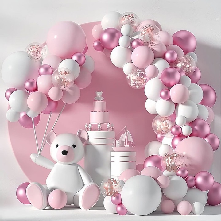 Set Baloane Petrecere, Latex Natural, 107 buc, Multicolor, Decoratiuni de dus pentru copii pentru fata, alb roz balon ghirlanda arc Kit Baby Box, Pentru Decor Ziua de nastere Genul Dezvaluie Aprovizionare Petrecere