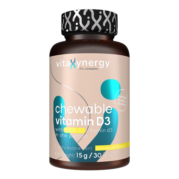 VITAXYNERGY CHEWABLE VITAMIN D3 2000 UI - 30 Tablete Supliment Nutritiv pentru Sanatatea Oaselor si Imunitate, Tablete Masticabile, aroma de ananas, Aprobat de Ministerul Sanatatii, Certificat FDA, GMP, Halal