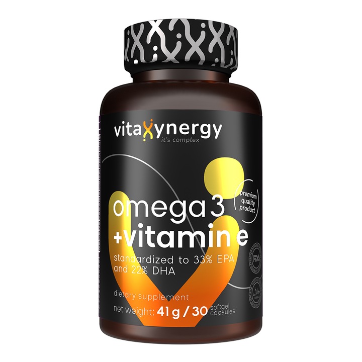 VITAXYNERGY Omega 3 + Vitamina E - 30 Capsule Moi pentru Sanatatea Inimii, Creierului si Vederii, Aprobat de Ministerul Sanatatii, Certificat FDA, GMP, Halal