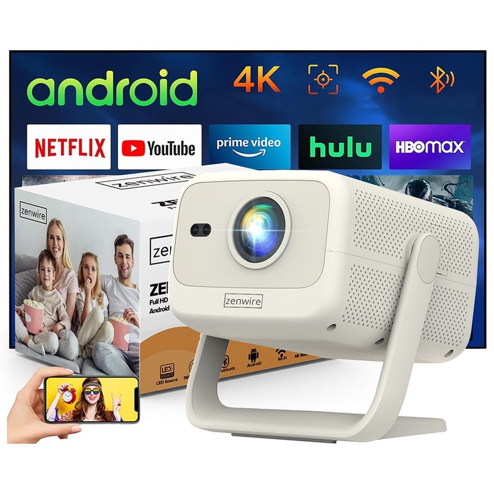 Мини видео проектор 360°, Zenwire®, H8, 12 000 lm, WiFi 6 Bluetooth 5.0, преносим проектор, AutoKeystone 4D, Автофокус, Фокус, 270 функция, HDMI / Audio mini Jack / USB / AV, Дистанционно управление / HDMI кабел / потребител ръководство