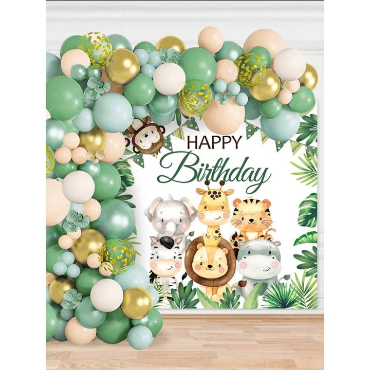 88 darab latex léggömbből és parti dekorációból álló szett, dzsungel állatok téma