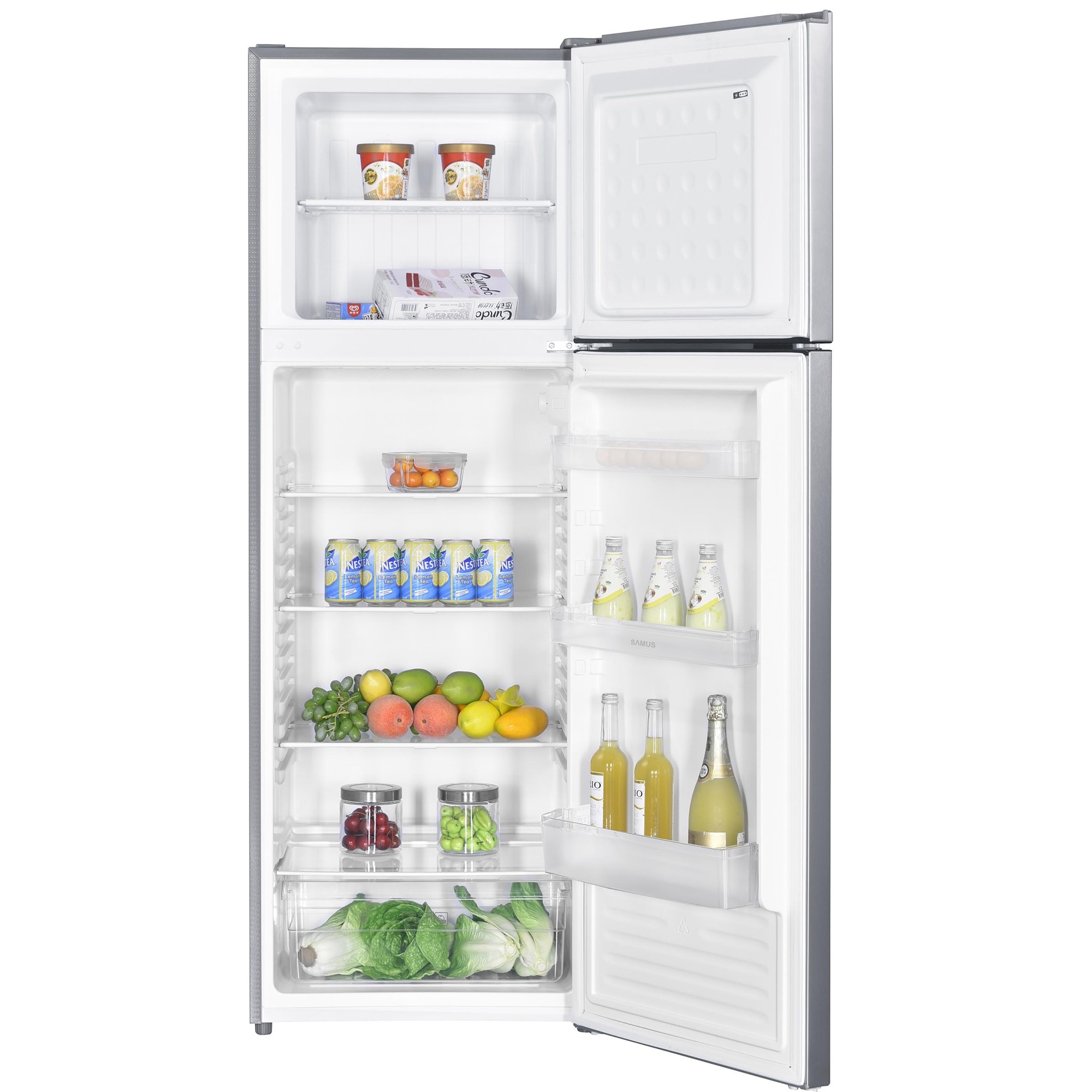 Frigider cu 2 usi Samus SX464E, 304 L, Clasa Energetica E, Dezghetare automata frigider, Termostat reglabil, H 172 cm, Inox