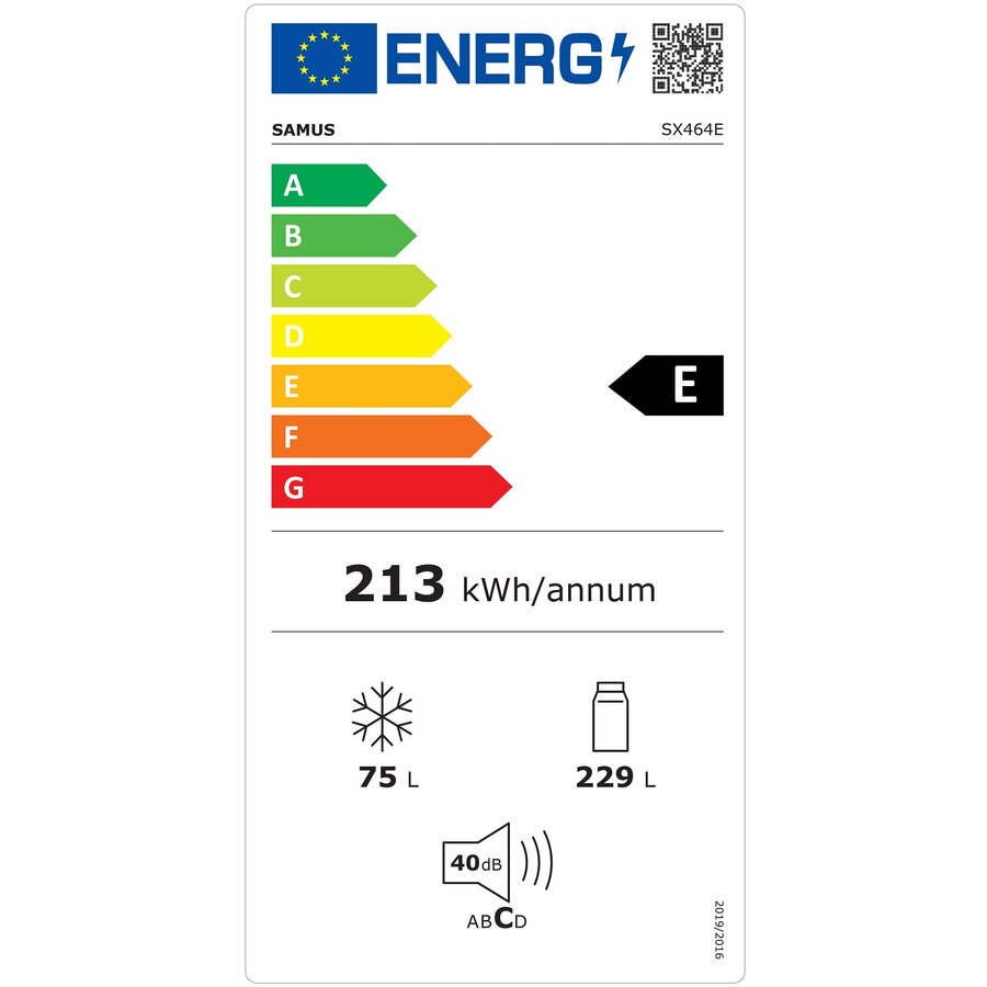 Frigider cu 2 usi Samus SX464E, 304 L, Clasa Energetica E, Dezghetare automata frigider, Termostat reglabil, H 172 cm, Inox