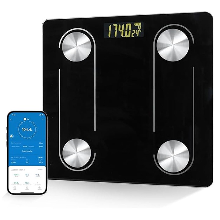 Cantar Smart Corporal EDAR, Display Digital, Aplicatie Telefon, Conexiune Bluetooth, Din Sticla Securizata, Functionare Pe Baterii, Greutate Maxima Masurata 180 Kg, Negru
