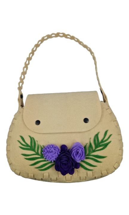 Elegáns táska, lila virágos krém, filc, 21 cm