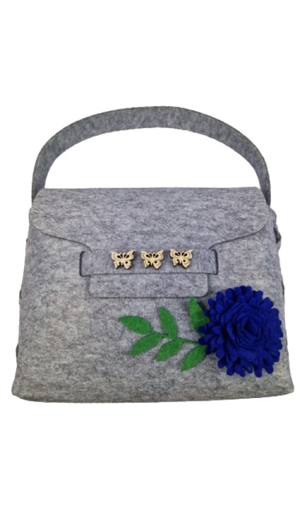 Különleges filc táska, szürke kék virággal, 25 cm