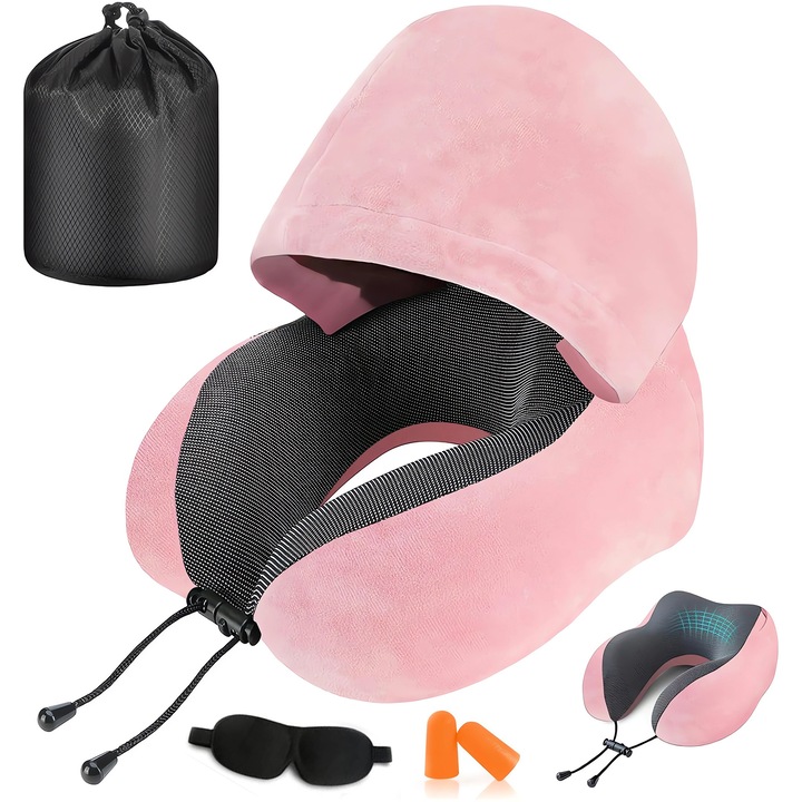 Perna de calatorie din spuma de memorie, cu gluga, husa detasabila, ergonomica, 3 accesorii incluse, sac depozitare, Dopuri de urechi, Masca de dormit 3D, roz, 27x27x14cm