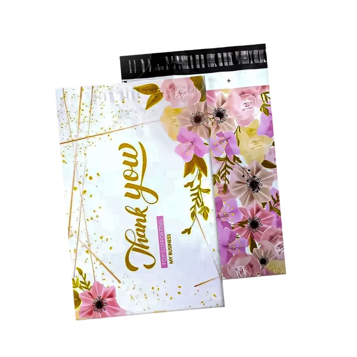 Plic curierat cu model Thank You cu flori, 310 x 420 mm, 50 buc/ set, Roz