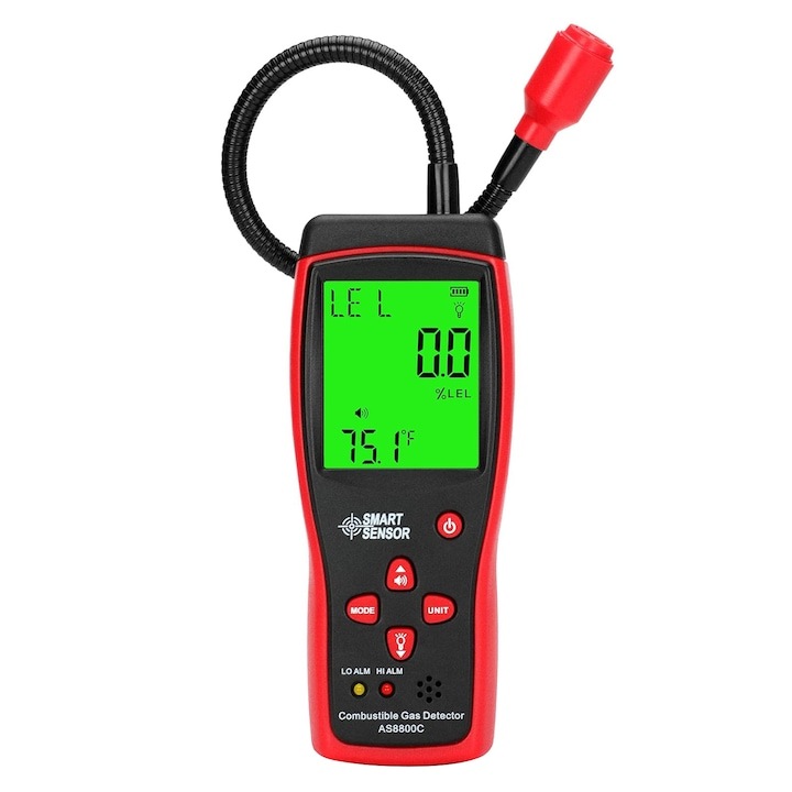 Dispozitiv de detectare a scurgerilor de gaz, cu afisaj digital LCD, senzor flexibil, monitorizare temperaturii, oprire automata, alarma Sonora si vizuala, WALALLA, negru/rosu