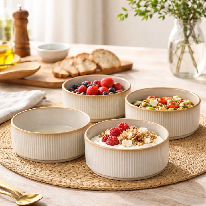 Set 4 boluri ceramica glazurata bej, 580ml, 14x6cm, Callena Cappuccino