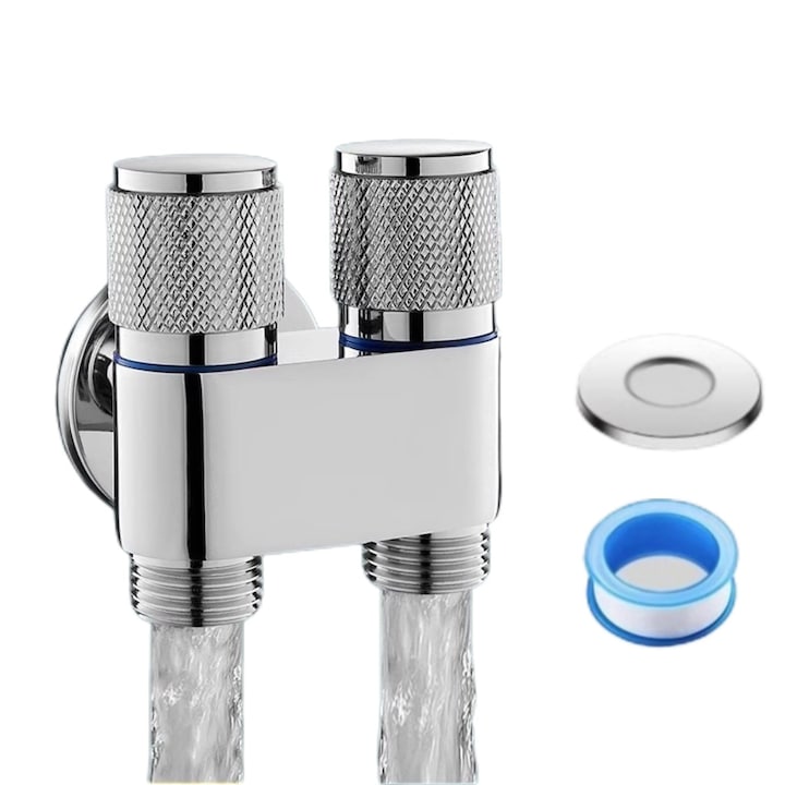 Ъглов кран, месинг, сребро, двоен изход, универсален, пълен комплект