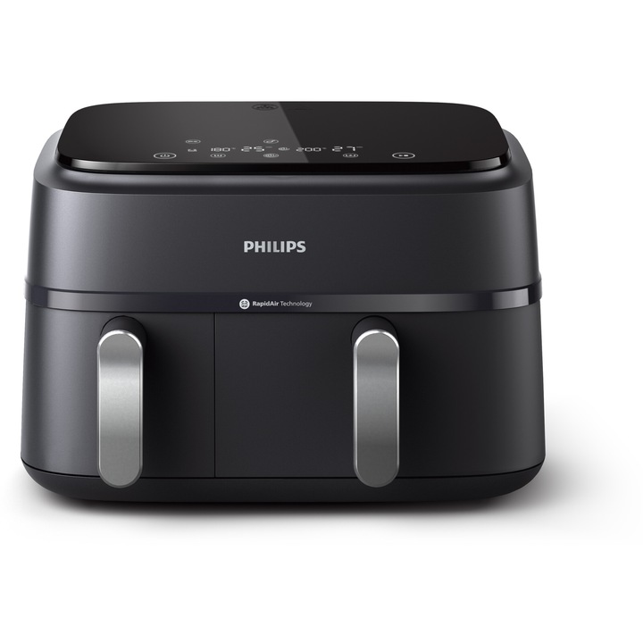 Двоен фритюрник без масло Philips Airfryer Series 3000 NA351/00, Технология Rapid Air, 2 контейнера с 2 размера, Цифров дисплей, 8 предварителни настройки, Капацитет 9 литра, Таймер, Съвместим с HomeID