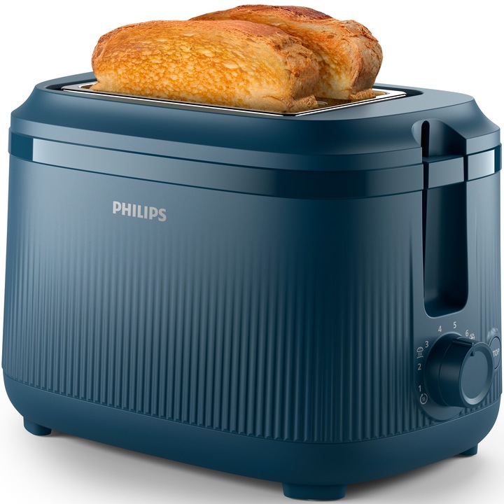 Тостер Philips HD2511/70 серия 3000, 900 W, 8 степени на запичане, 2 големи самоцентриращи се слота, Лост за повдигане, Скара за затопляне на хлебчета, Автоматично изключване, Подвижна тава за трохи, Бутон за незабавно спиране, Син