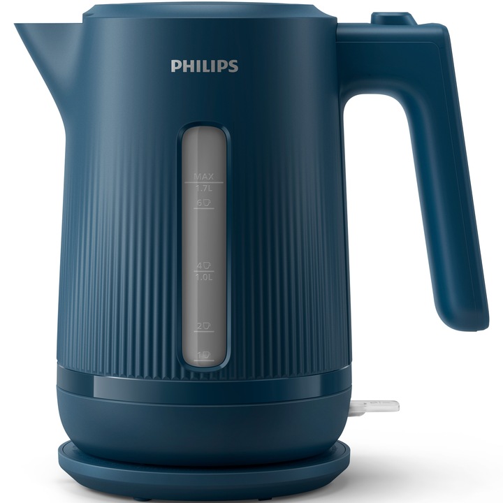 Fierbator Philips HD9411/70 seria 3000, 2200 W, capacitate de 1.7L, indicator pornit/oprit, indicator al nivelului apei cu fereastra usor de citit, protectie impotriva incalzirii in gol, albastru