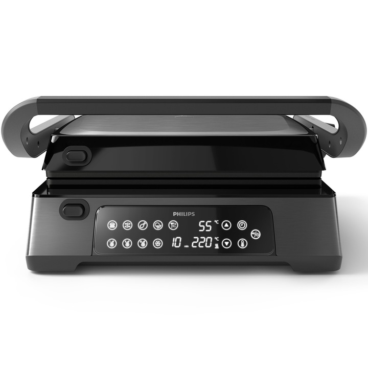 Електрическа скара Philips HD6307/70 Series 7000, 2200 W, Регулируема височина, 8 предварително зададени програми, Таймер, Температурна сонда, Цифров контрол на температурата, Сваляеми незалепващи плочи, Отваря се на 180°, Сваляема дренажна тава