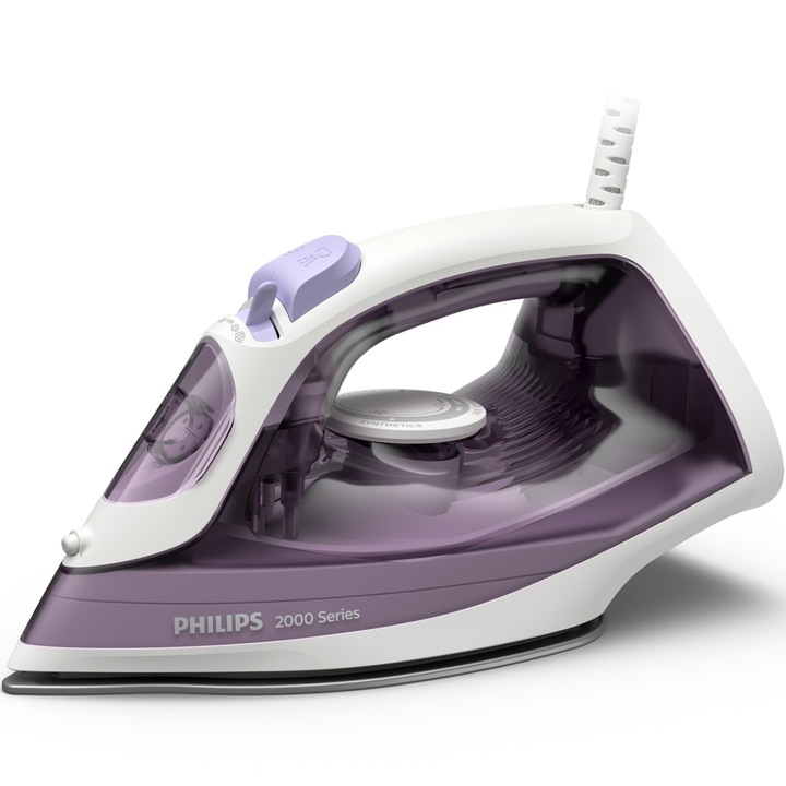 Ютия Philips DST2020/90 Series 2000, 2000 W (240 V), Поток на пара 25 гр/мин и струя пара 110 гр/мин, 4 настройки на парата, Керамична плоча, Система против прокапване, Calc Clean, Капацитет на резервоара 250 мл, Лилав