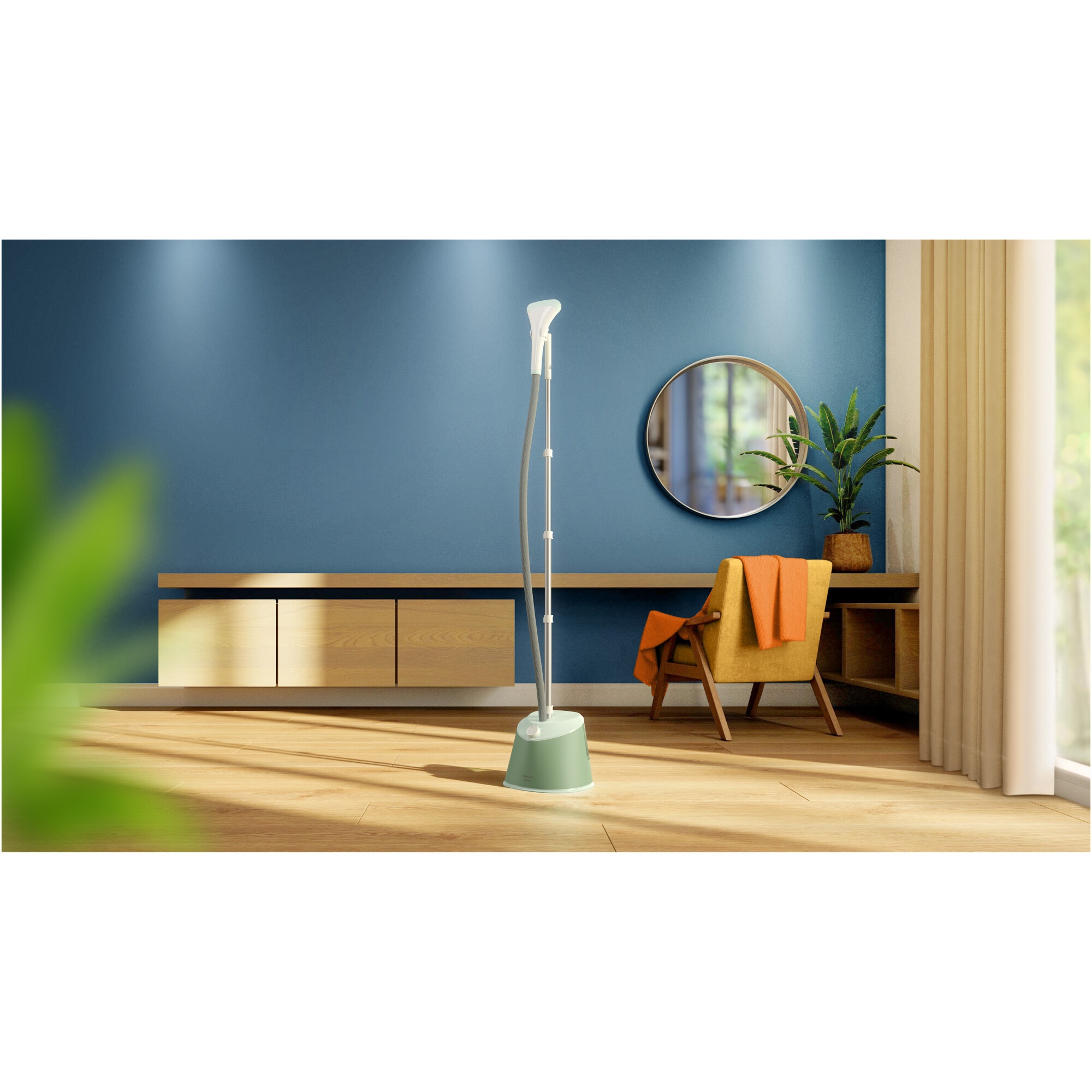 Aparat de calcat vertical cu picior Philips STE1010/70, picior ajustabil pe inaltime, putere 1600W (240V), 2 setari pentru abur, debit abur 35g/min, manusa, capacitate rezervor 1.8L, verde