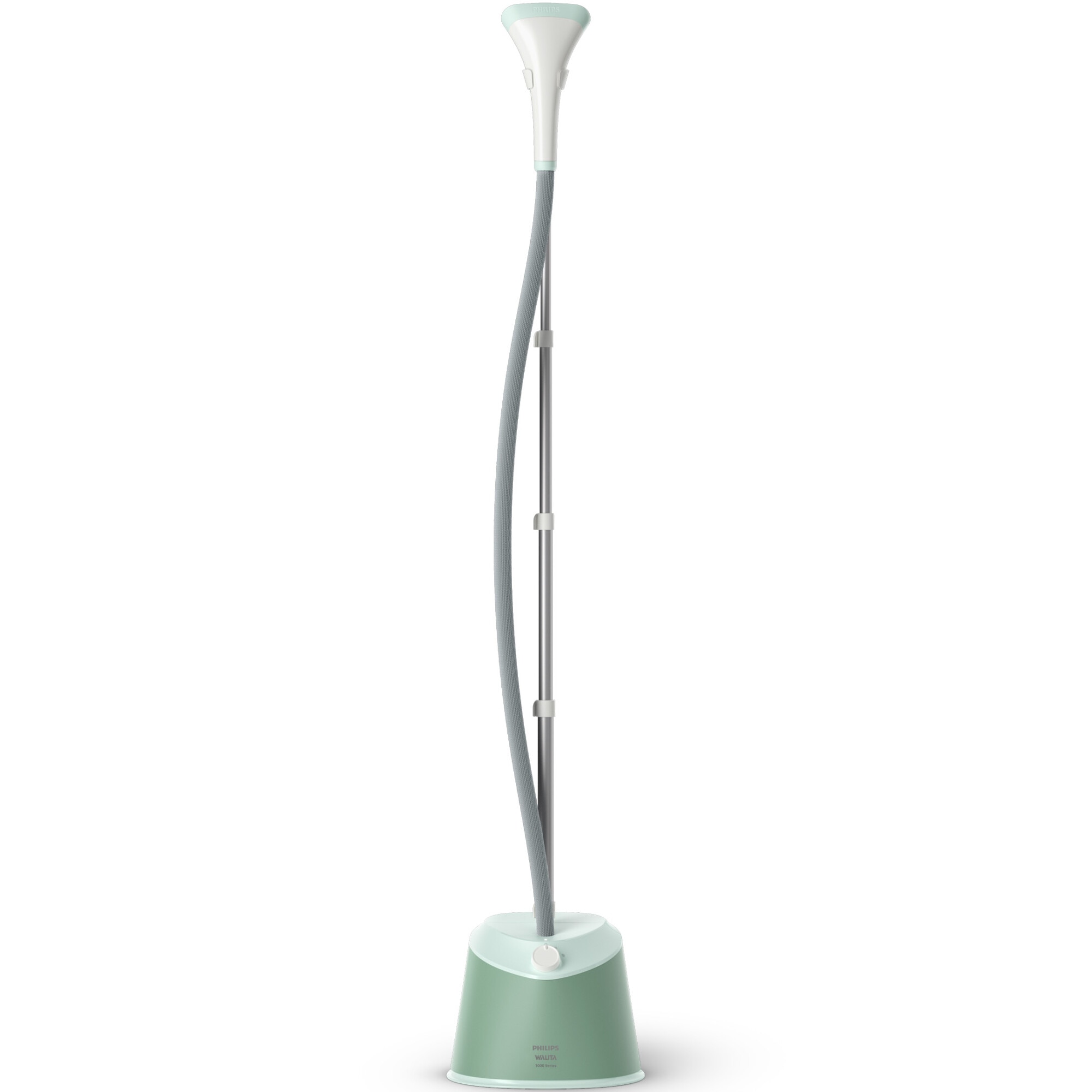 Aparat de calcat vertical cu picior Philips STE1010/70, picior ajustabil pe inaltime, putere 1600W (240V), 2 setari pentru abur, debit abur 35g/min, manusa, capacitate rezervor 1.8L, verde