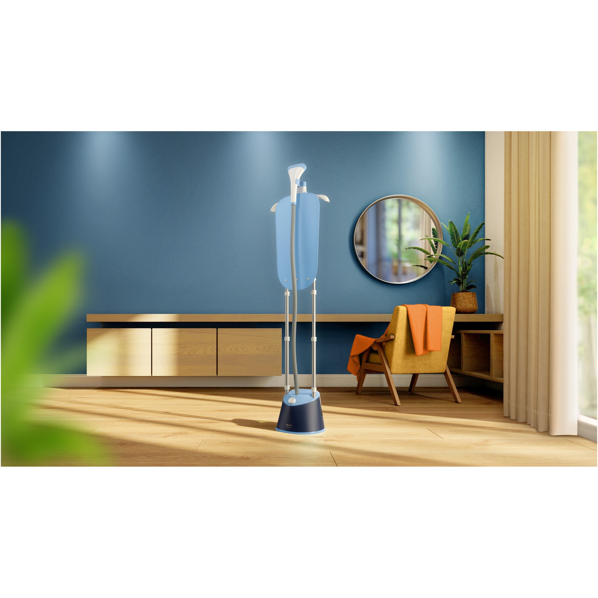 Aparat de calcat vertical cu picior Philips STE1030/20, (2 stalpi susținere) ajustabil pe inalțime, 1800W (240V), capacitate rezervor 1.8L, 3 setari pentru abur, StyleMat, manusa, perie, umeras integrat, albastru
