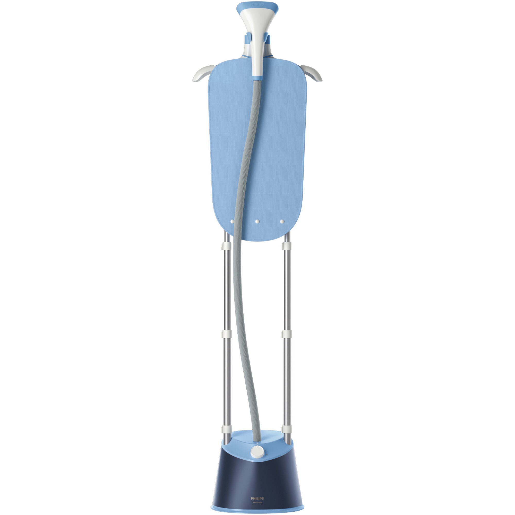 Aparat de calcat vertical cu picior Philips STE1030/20, (2 stalpi susținere) ajustabil pe inalțime, 1800W (240V), capacitate rezervor 1.8L, 3 setari pentru abur, StyleMat, manusa, perie, umeras integrat, albastru