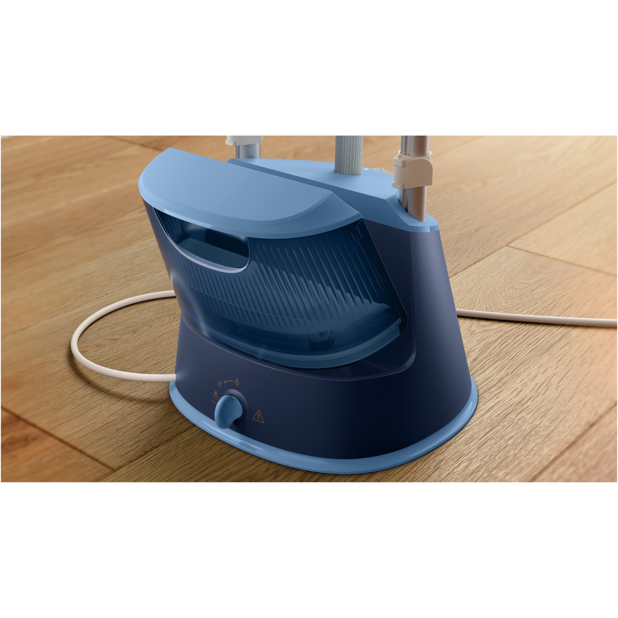 Aparat de calcat vertical cu picior Philips STE1030/20, (2 stalpi susținere) ajustabil pe inalțime, 1800W (240V), capacitate rezervor 1.8L, 3 setari pentru abur, StyleMat, manusa, perie, umeras integrat, albastru