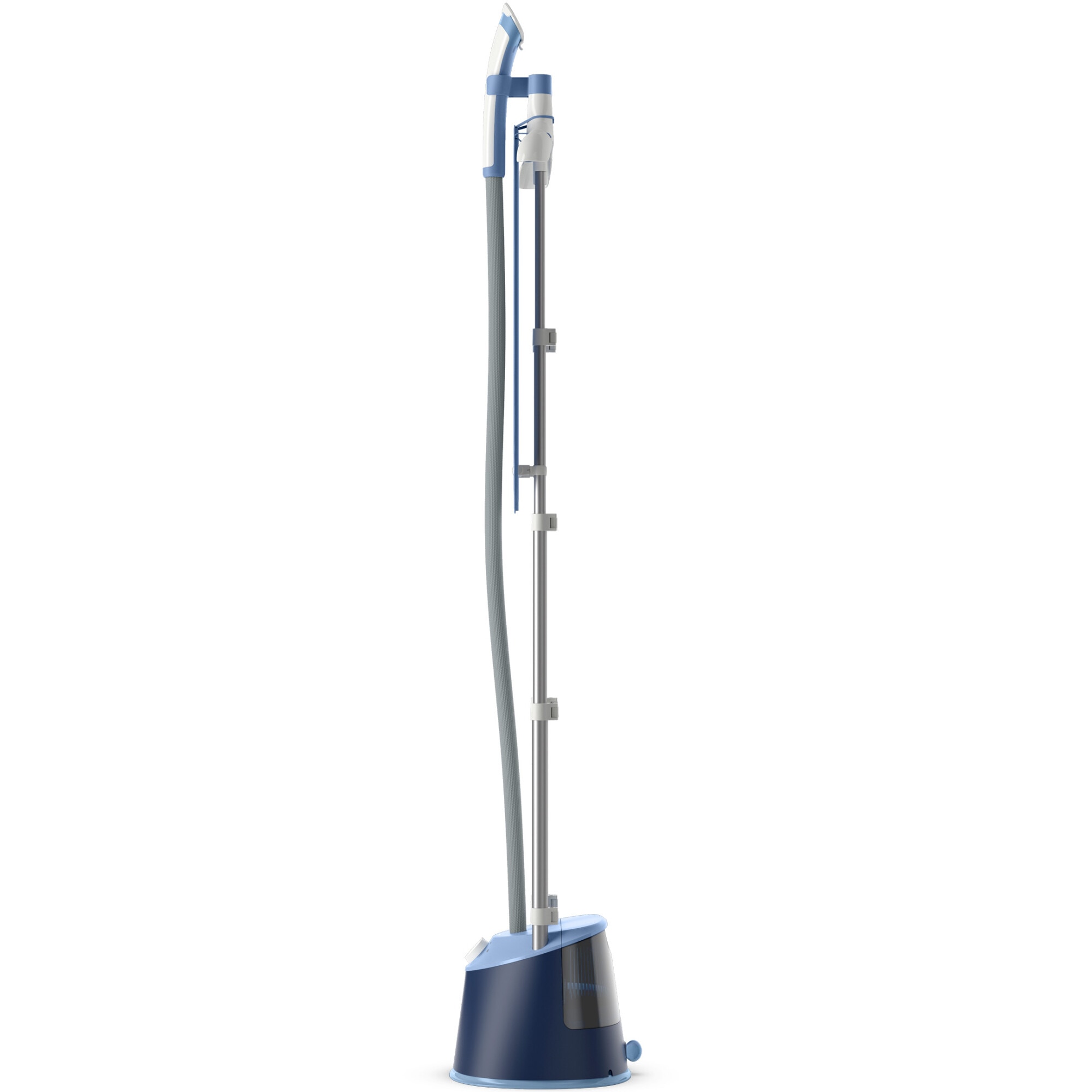 Aparat de calcat vertical cu picior Philips STE1030/20, (2 stalpi susținere) ajustabil pe inalțime, 1800W (240V), capacitate rezervor 1.8L, 3 setari pentru abur, StyleMat, manusa, perie, umeras integrat, albastru