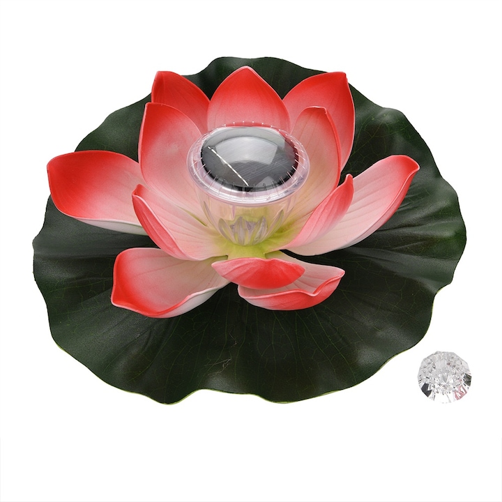 Lebegő napelemes lámpa, KkvoGmle, Műanyag, LED, Tavirózsa alakú, Vízálló, Kertbe és tavacskába, Piros / Zöld