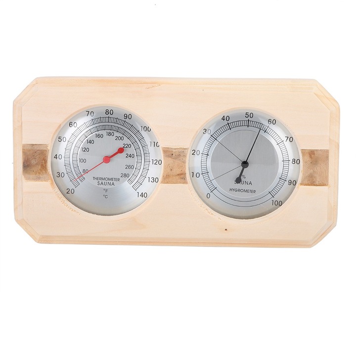 Jormftte dekoratív óra, fa hőmérő és higrométer, két számlapos kialakítás, 30x15cm