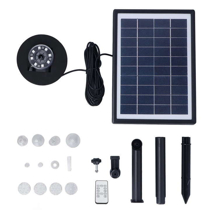 Napelemes szökőkút szivattyú, KkvoGmle, 7W, 12 fúvóka, dugulásgátló, 100 cm-es permetezési magasság, úszómedencékhez