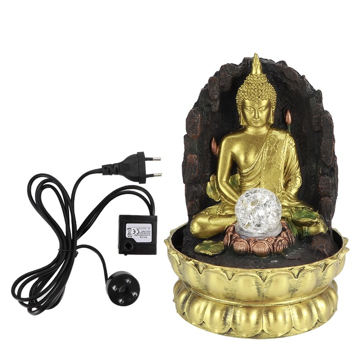 Декоративен фонтан, KkvoGmle, Буда, Смола, LED осветление, 220V, Злато