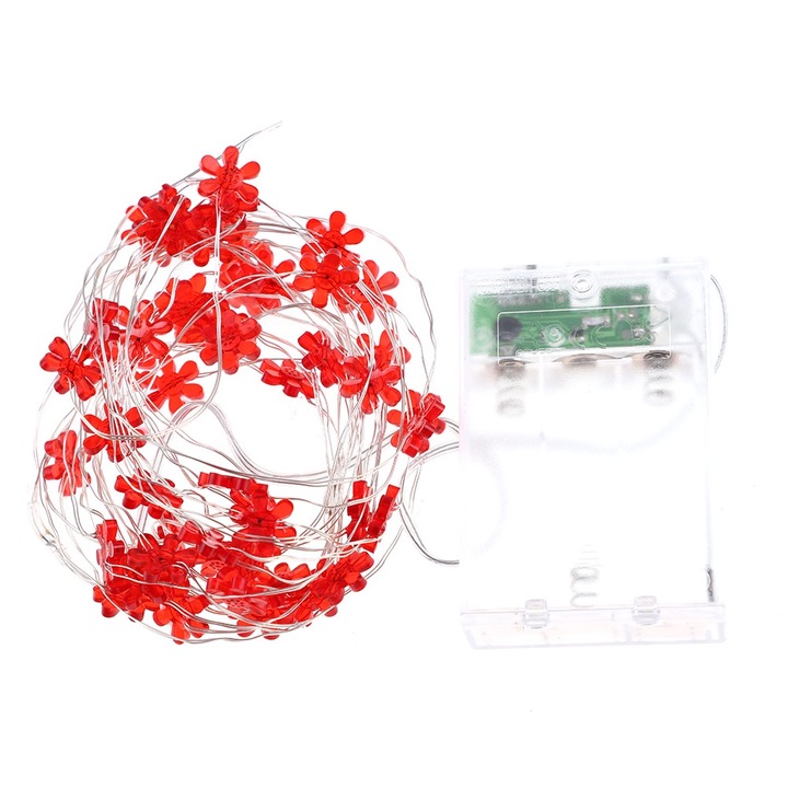 Jormftte virág alakú LED lámpa, 50 fény, elemes, 5m, meleg fehér