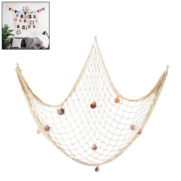 Plasa decorativa din bumbac cu scoici, Bizaical, 100x200cm, pentru petreceri sau decor interior