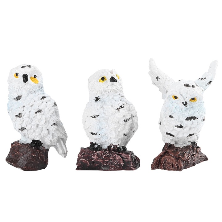 Комплект от 3 декоративни фигурки за градината, KkvoGmle, Бухал, Смола, Бяло/Кафяво