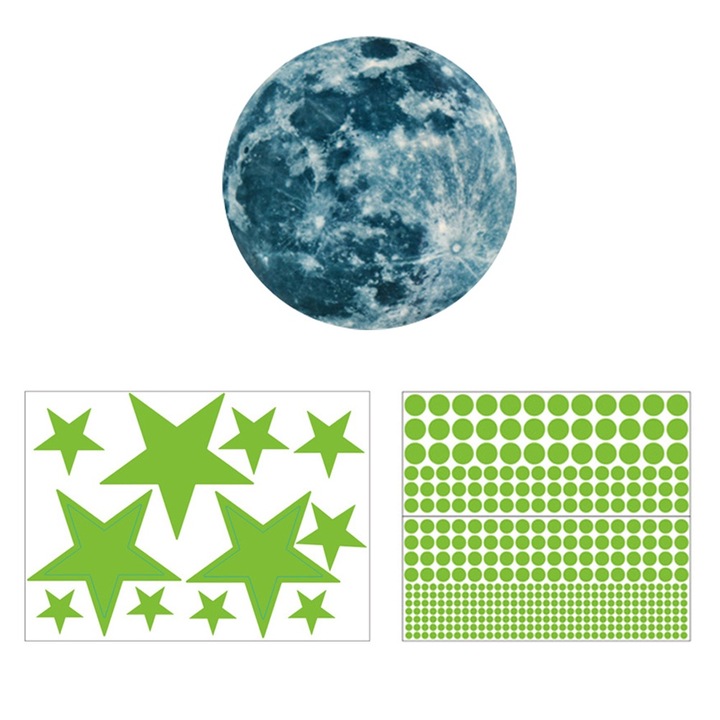 Jormftte 3D dekoratív matricák, világító pontok és hold, öntapadós, világoszöld, szett