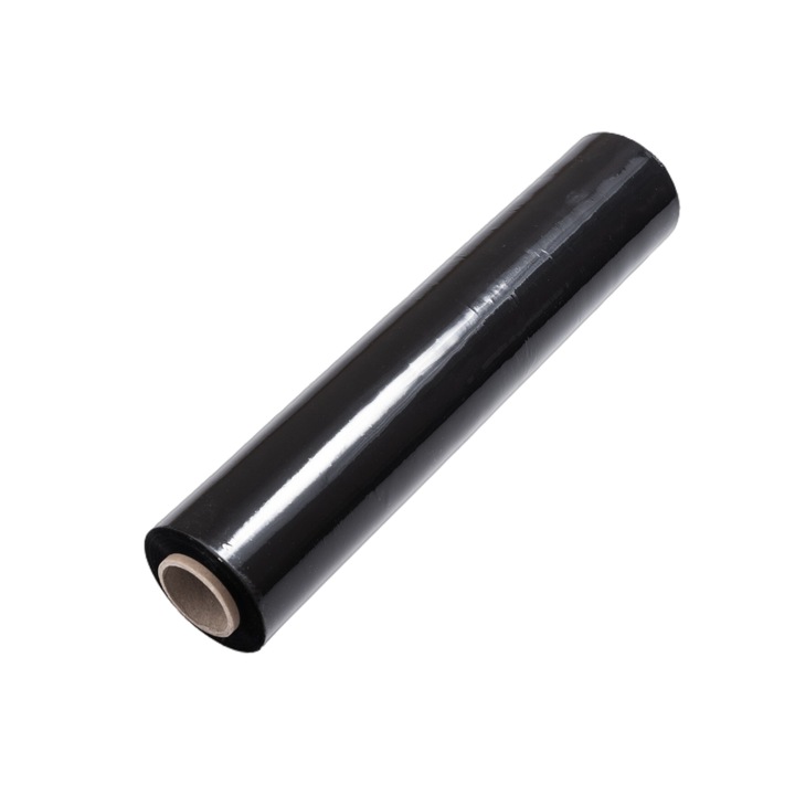 Fekete sztreccsfólia 1,5 kg bruttó (1,2 kg nettó), 500 mm széles és 23 mikron vastag csomagoláshoz