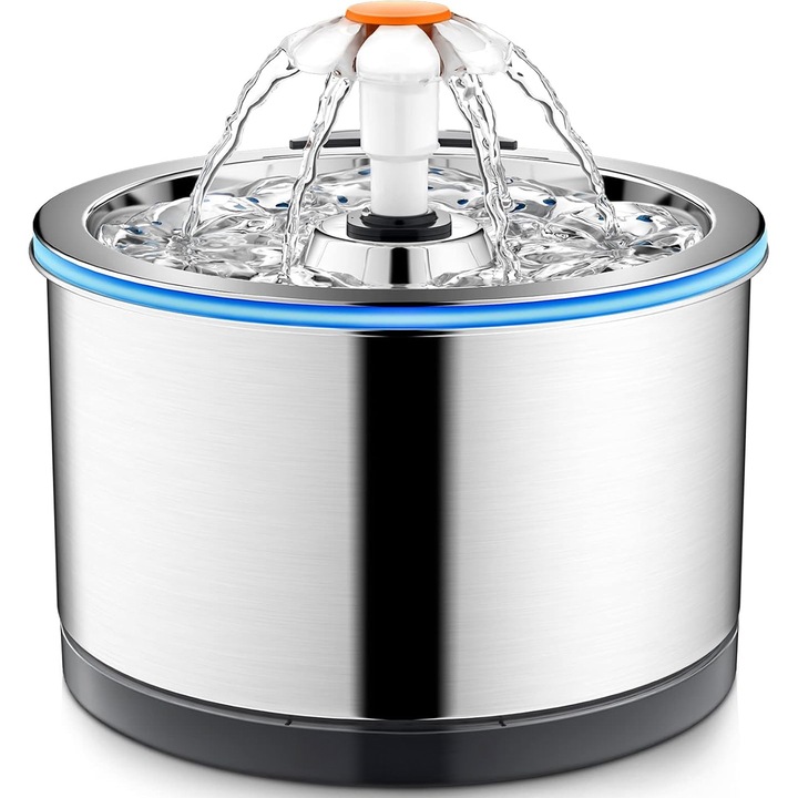 Автоматичен диспенсър за вода тип фонтан за котки и кучета, 2,5 л, неръждаема стомана 304, модел тип цвете, система за много филтриране, ултра тих, лесен за почистване и поддръжка, сребрист