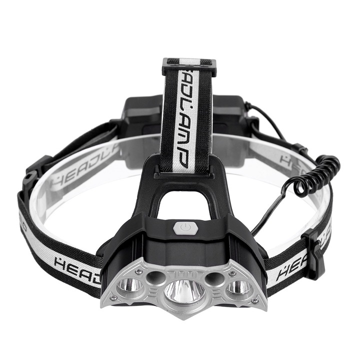 Lanterna Jormftte, 5 LED-es, ezüst, állítható, USB-n keresztül tölthető fejlámpa