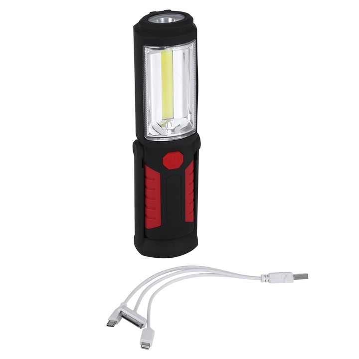 Преносима акумулаторна LED ревизионна лампа 3W COB, червена, размери 5.5x4.2x21.7cm