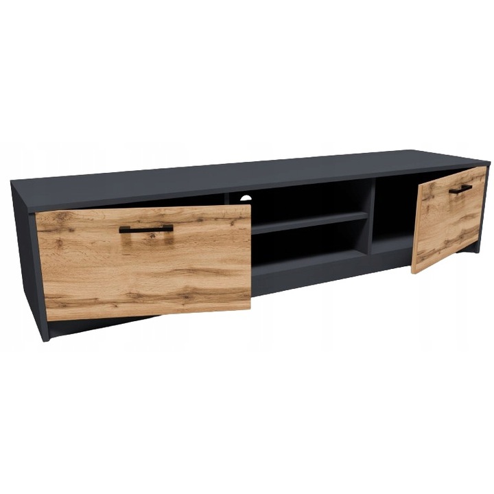 Comoda TV, MATKAM, 2DC, 160x41x36 cm, 1 Raft, 2 Usi, 1 Sertar, Mat, PAL, Stejar Wotan/Gri inchis