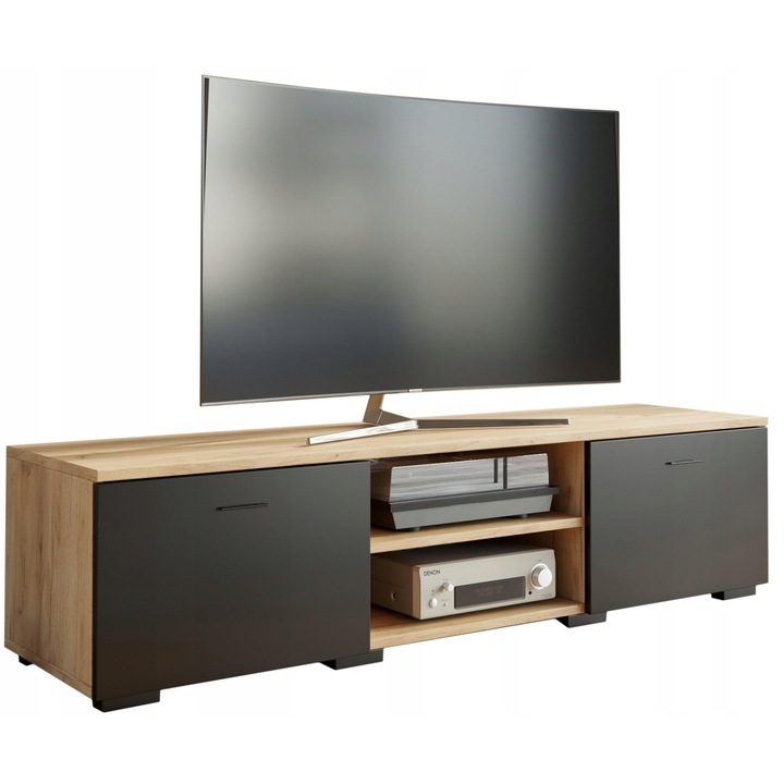 Comoda TV, MATKAM, ROMA, 150x40x35 cm, 2 Usi, 1 Sertar, Mat, PAL, Stejar Artisan/Negru