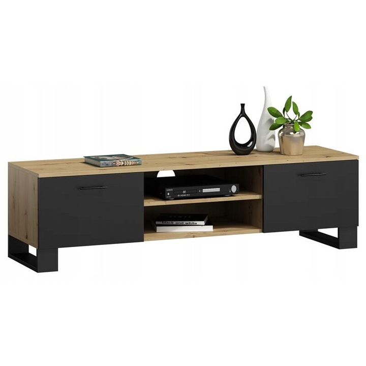 Comoda TV, MATKAM, KLARA, 120x40x46 cm, 2 Usi, 1 Sertar, Mat, PAL, Stejar Artisan/Negru