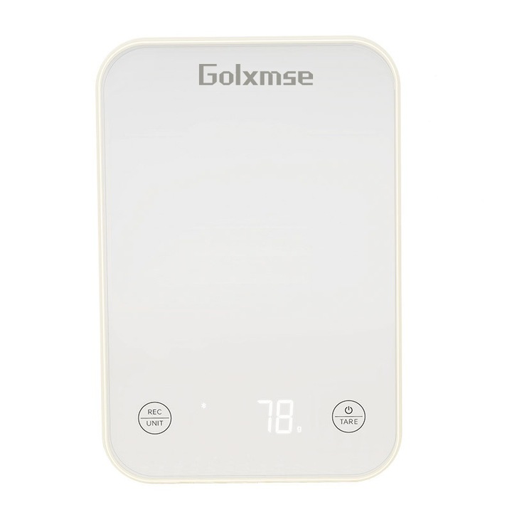 Cantar de bucatarie Golxmse CK798, tactil, Bluetooth, 5kg, precizie 1g, 180x120x20mm, alb