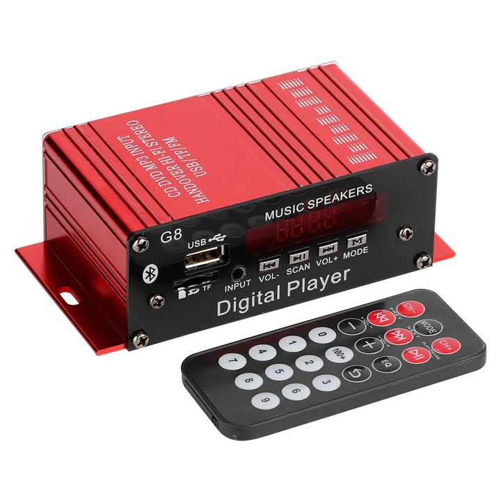 Bluetooth цифров аудио усилвател, KkvoGmle, G8, USB/AUX/FM поддръжка, Дистанционно управление, 12V, Многоцветен