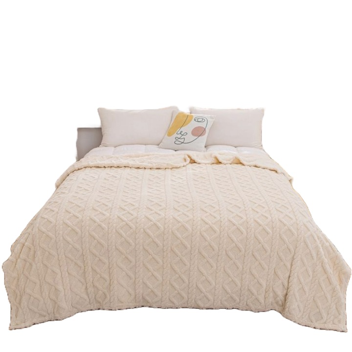 Patura Pufoasa Cocolino, Model Impletit Efect 3D, Pat Dublu 200 x 230 cm, Ivoire